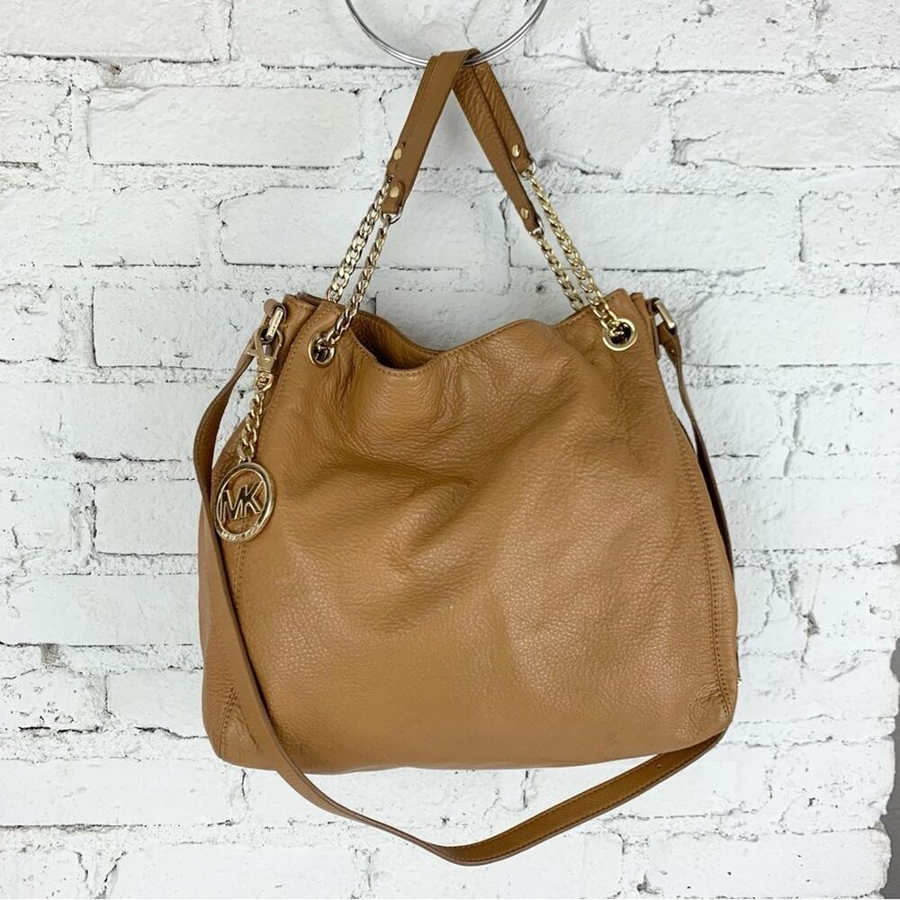 Michael Kors Gold Chain Jet Set Drawstring Tan Brown Leather Satchel Purse